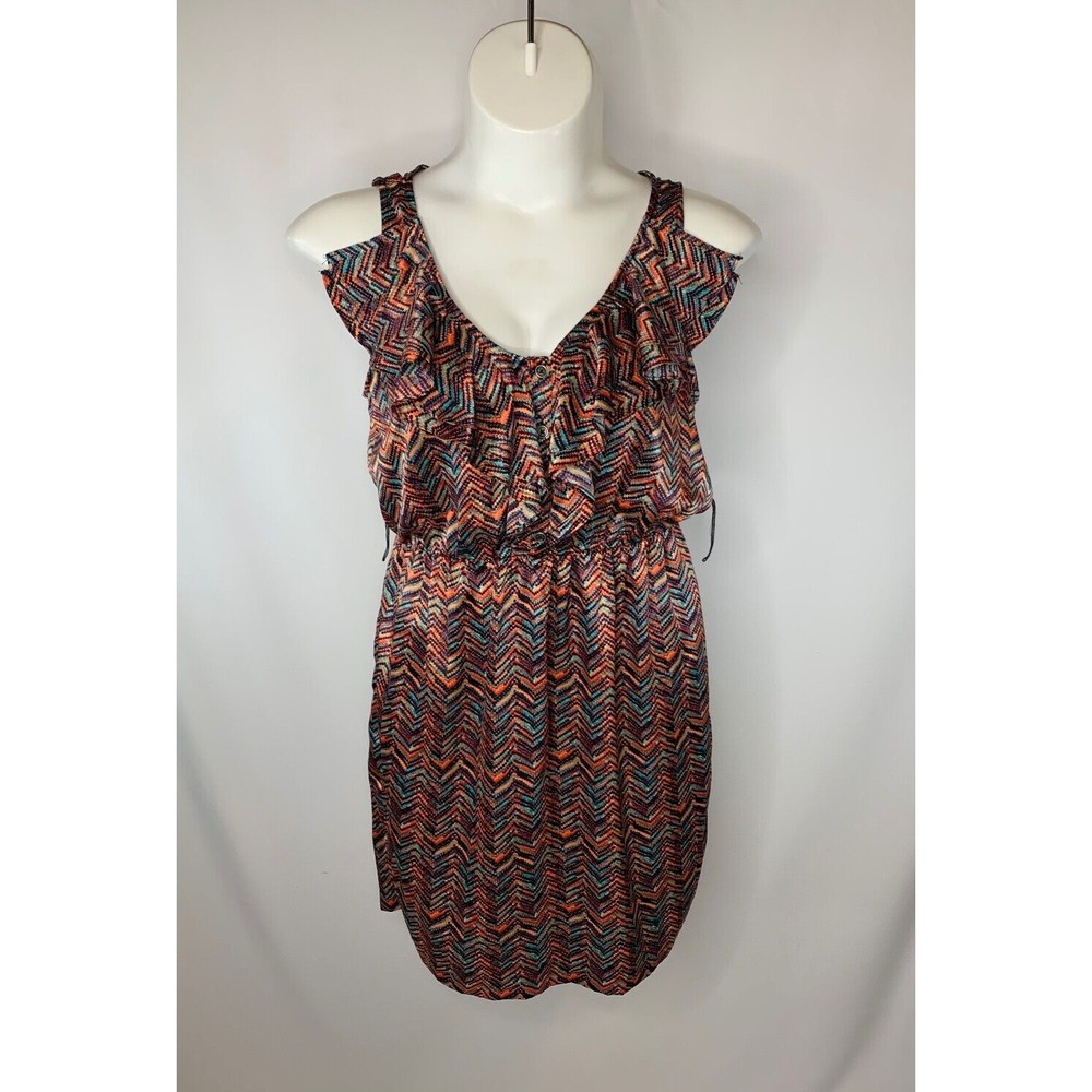 Bisou Bisou Orange blue Purple Ruffle Sleeveless V Neck Mini Women Dress size 14